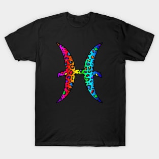 Pisces Zodiac Horoscope Symbol in Dark Rainbow Leopard Print T-Shirt